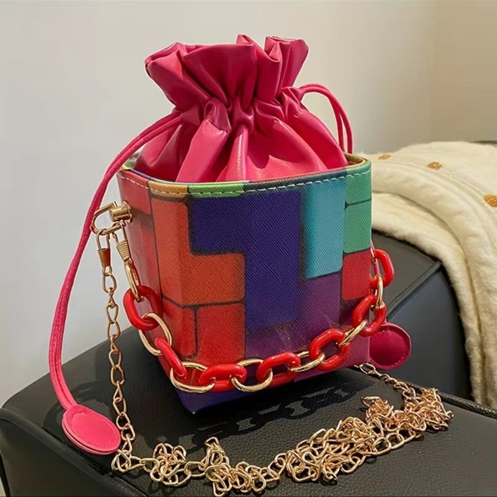 👛✨ Trendy Colorblock Geometric Pattern Drawstring Bucket Bag,